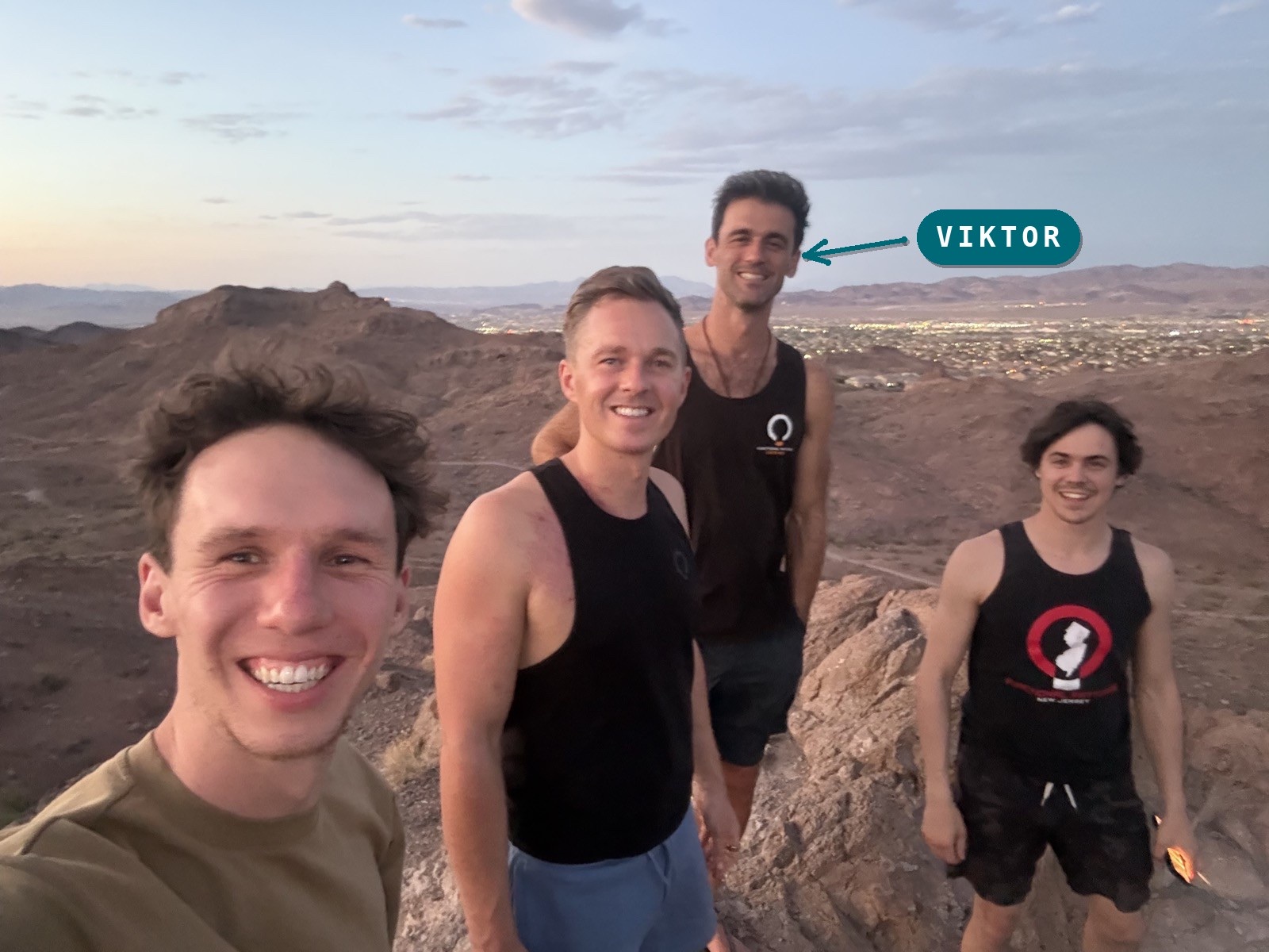 Michael Vincent with Viktor Nikolovski and fellow coaches at sunset during the Functional Patterns HBS course