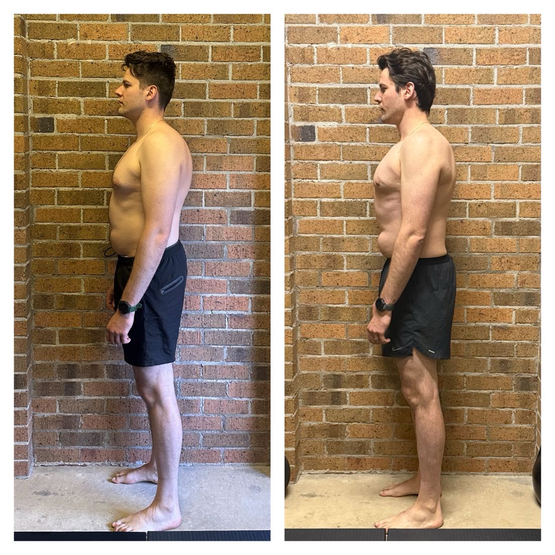 Taras before and after Functional Patterns posture coaching, side view showing a more upright, less forward-leaning posture
